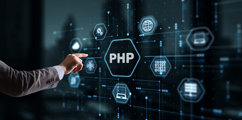 Bildkomposition, leicht futuristisch mit dem Text PHP in der Mitte